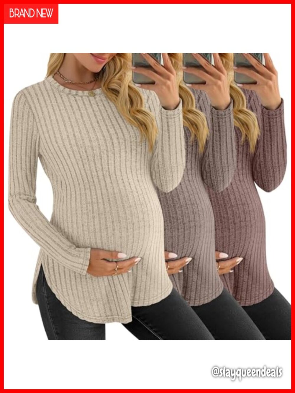 3 Pack Maternity Long Sleeve Ribbed Knit Tunics Crew Neck Pullover Tops